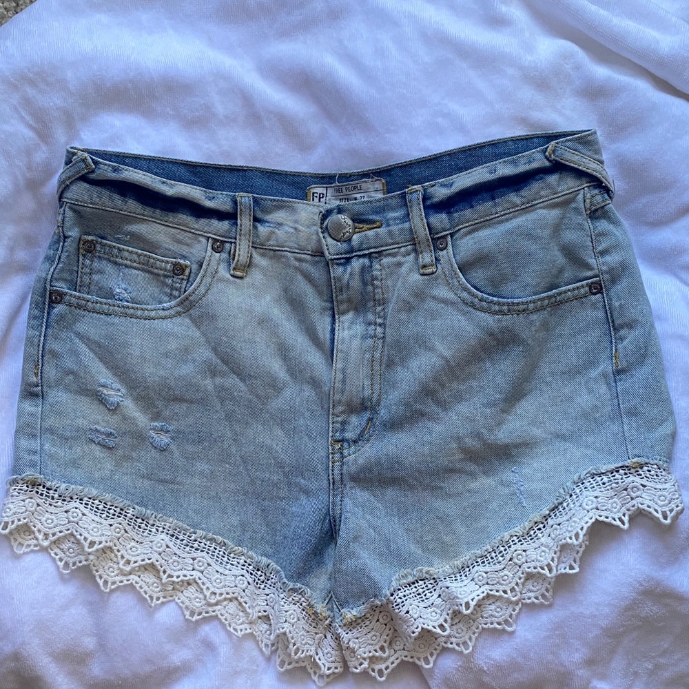 Free People Light Blue Jean Shorts with Lace Trim